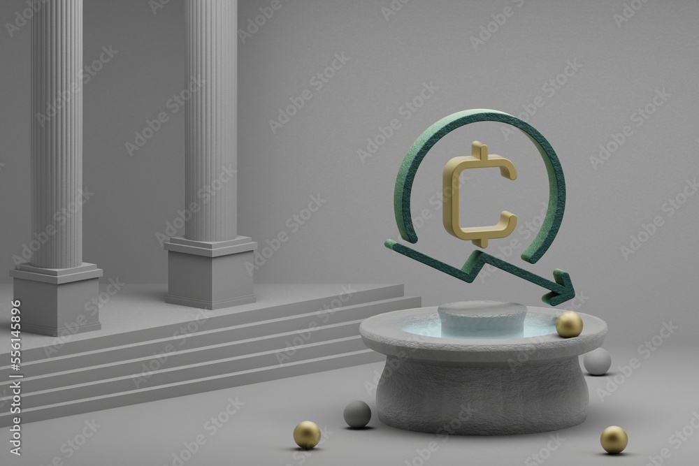 Leinwandbilder Beautiful illustrations Cryptocurrency Coin Down symbol icon on a fountain and column background. 3d rendering illustration. Background pattern for design.