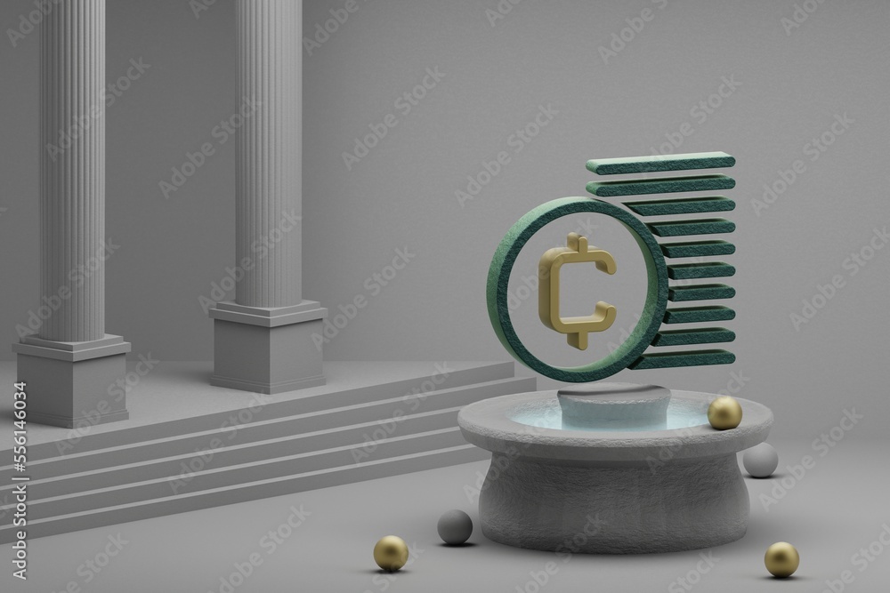 Poster beautiful illustrations cryptocurrency coin save symbol icon on a fountain and column background. 3d