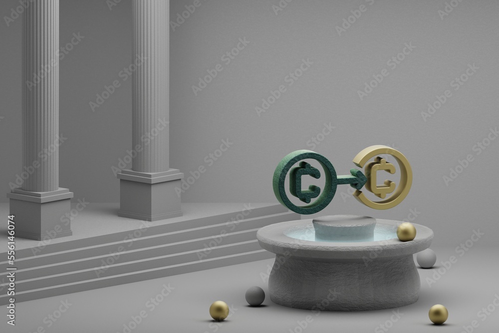 Leinwandbilder Beautiful illustrations Cryptocurrency Coin save symbol icon on a fountain and column background. 3d rendering illustration. Background pattern for design.