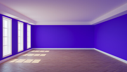Empty Interior with Violet Walls, Three Windows, White Ceiling Cornice, Glossy Herringbone Parquet Floor and a White Plinth. 3D illustration with a Work Path on the Window. 8K Ultra HD, 7680x4320