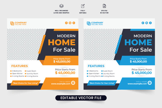 Property management agency poster design with yellow and blue colors shapes. Home sale social media post vector for digital marketing. Real estate business promotional web banner design.