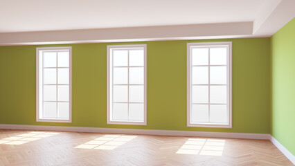 Sunny Interior of the Light Green Room with Three Large Windows, Light Glossy Herringbone Parquet Floor and a white Plinth. Beautiful Concept of the Empty Room. 3D rendering, Ultra HD 8K, 7680x4320