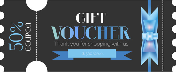 Gift coupon, voucher with a red bow. 500 dollars,50%