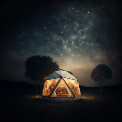 Glamping tent in the middle of the forest under a sky with stars. Camping and glamping concept. Image generated with AI.
