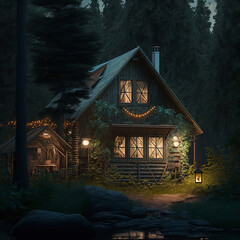 Image of a house in the middle of the forest. Generative AI.