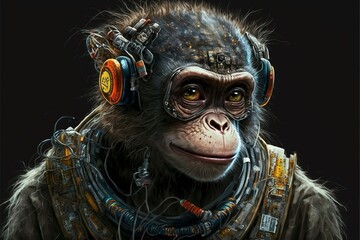 Affe Schimpanse mit Technik verbunden, AI generativ