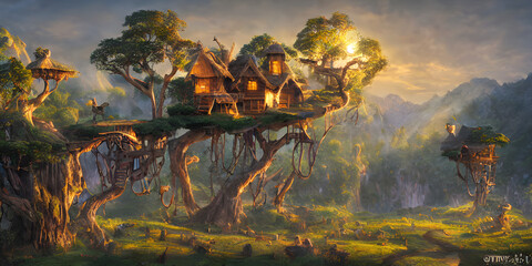 Treehouse, valley, fairytale treehouse village covered,matte painting, dynamic lighting, cinematic, realism, realistic, sunset,high contrast
