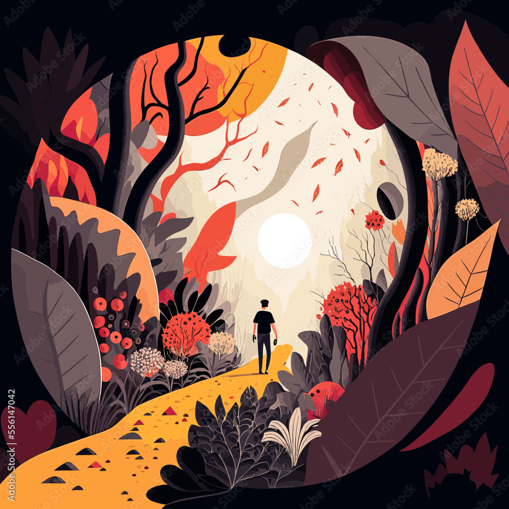 Wall mural An artsy illustration of a man wandering through an autumn forest