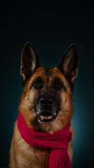 Studio photo inside on dark blue background, happy dog smiling. Vertical greeting card with copy space. Beautiful German Shepherd with pink knitted scarf. Viva magenta color of 2023 year.