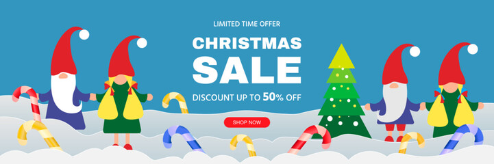 Template Merry Christmas and New Year banner with gnomes and Christmas tree with toys. Happy New Year. Flat design of gnomes. Modern design New Year vector illustration. Merry Christmas banner. Vector