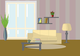 A living room with a panoramic window and a beige sofa