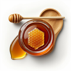 Honey dipper in open jar of honey