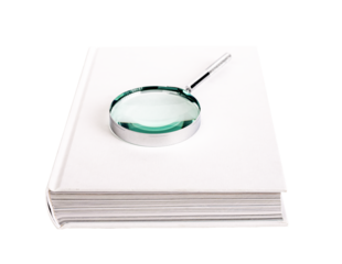 Book with magnifier, lens, glass, loupe on paper book in hardback isolated on white background