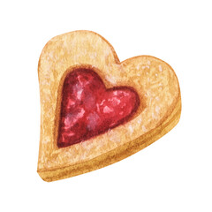 Sweet heart shaped cookies with jam. Hand drawn watercolor illustration. Isolated on white background. Valentine's Day