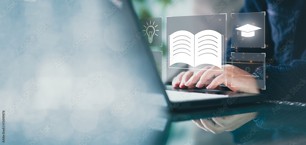 Poster concept of online education. man use online education training and e-learning webinar on internet fo