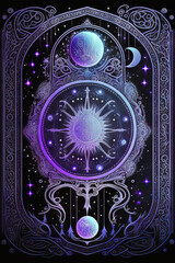 black background tarot card, astrological pattern,beautiful Moonstone crystal, stars and moon, blue, magic, light, white, symbols, cosmic, glowing, blacklight, neon, symmetrical design, geometricintri