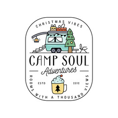 Camping christmas badge design with RV trailer in line art colorful style and quote - Camp soul. Travel logo graphics. Stock label