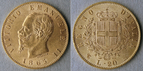 Kingdom of Italy, old vintage gold coin, 20 Lire year 1865, macro photo image front and back