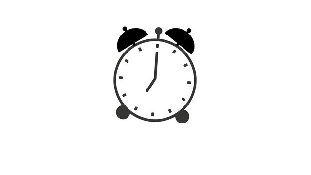 Black Alam clock 7 o'clock, alarm clock shake, Time concept. UHD 4K Animation on white background.