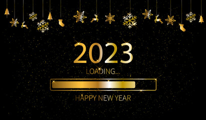 new year 2023 loading countdown.  happy new year 2023 with golden glitter. vector illustration fantastic banner greeting.  progress bar on dark background.