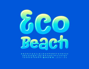 Vector modern banner Eco Beach. Glossy Handwritten Font. Artistic Alphabet Letters and Numbers