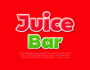 Vector tasty emblem Juice Bar.  Red Glossy Font. Modern Alphabet Letters and Numbers set.