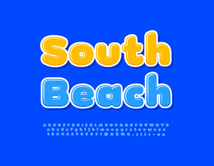 Vector advertising banner South Beach. Blue glossy Font. Creative Alphabet Letters, Numbers and Symbols