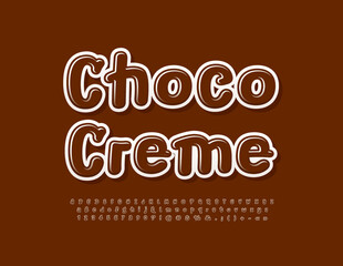 Vector delicious emblem Choco Creme. Brown handwritten Font. Creative glossy Alphabet Letters, Numbers and Symbols set