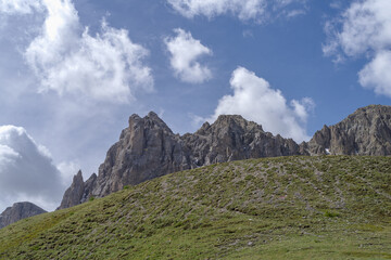 Rocky mountain peaks in Maira Valley mountains, Italian Cottian Alps