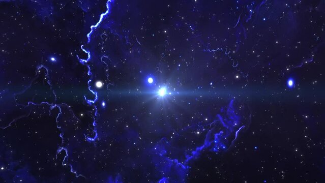 Slow journey through the vast blue cosmos through nebulae and galaxies to a shining bright star. Abstract Fantastic science fiction background. High quality 4k footage