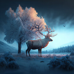 deer in the winter forest and snow