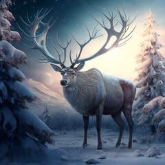 deer in the winter forest and snow