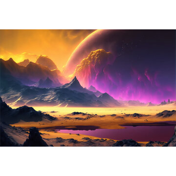 fantasy fabulous wide panoramic photo abstract landscape background. 3D illustration, background, environment.