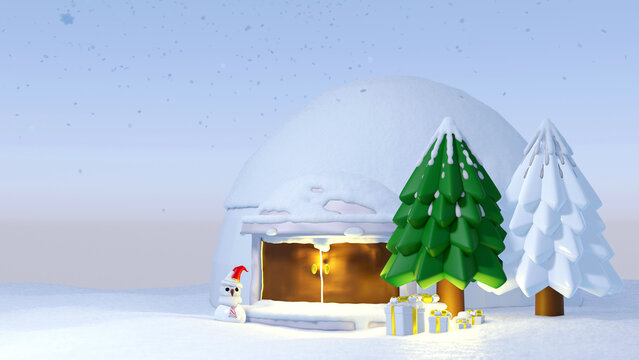 3D rendering of snow hut at chrismas background.