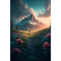 fantasy fabulous wide panoramic photo abstract background with mountains background, environment, future imagine.