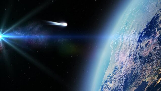 Earth with close comet, sun and stars
Beautiful shot outer space over planet earth and large comet with stars and sun, 2022
