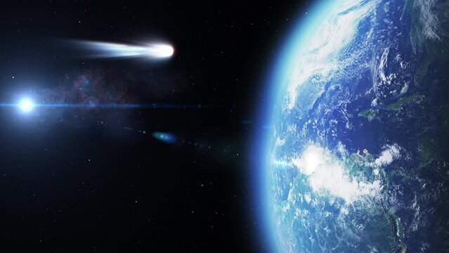 Comet close to planet Earth, Outer space view
Beautiful shot outer space over planet earth and large comet with stars and sun, 2022

