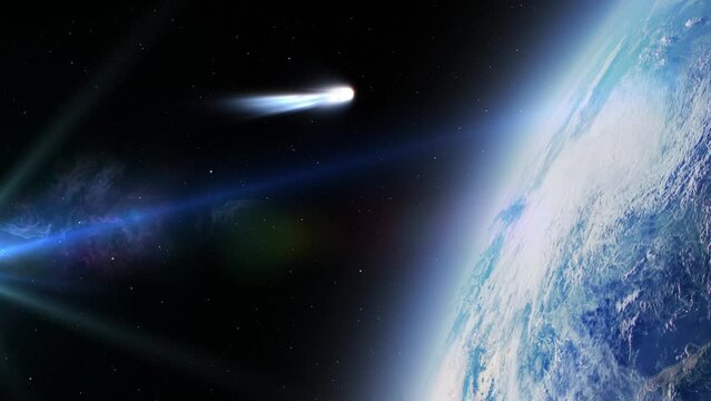 Earth and close white comet, Outer space view
Beautiful shot outer space over planet earth and large comet with stars and sun, 2022
