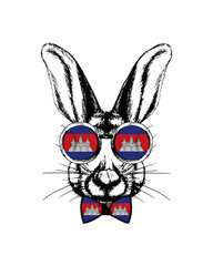 Easter bunny hand drawn portrait. Patriotic sublimation in colors of national flag on white background. Cambodia