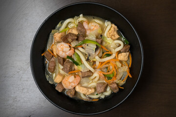 Shrimp, beef and chicken udon soup
