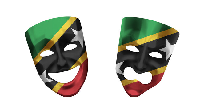 Theater 3d masks in colors of national flag on white background. Saint Kitts and Nevis