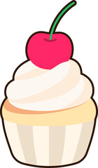 Cup cake with cherry and cream topping Dessert Icon Element illustration Flat Sticker Black Style