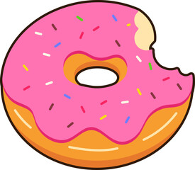 Strawberry Donut with bite mark Dessert Icon Element illustration Flat Sticker Black Style