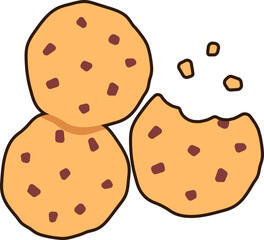 Vanilla Chocolate Chip Cookies Three Piece  Dessert Icon Element illustration Flat Sticker Black Style