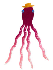 Funny watercolour octopus. Red octopus in hat. Sea creature. 
