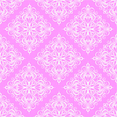 seamless graphic pattern, tile with abstract geometric white ornament on pink background, texture, design
