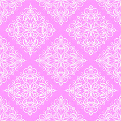 seamless graphic pattern, tile with abstract geometric white ornament on pink background, texture, design