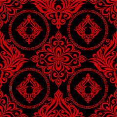 seamless graphic pattern, tile with abstract geometric red ornament on black background, texture, design