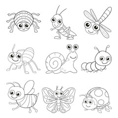 coloring page. cute insect cartoon collection set