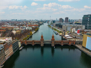 Fototapeta na wymiar Aerial view of the Oberbaum Bridge in Berlin Treptow